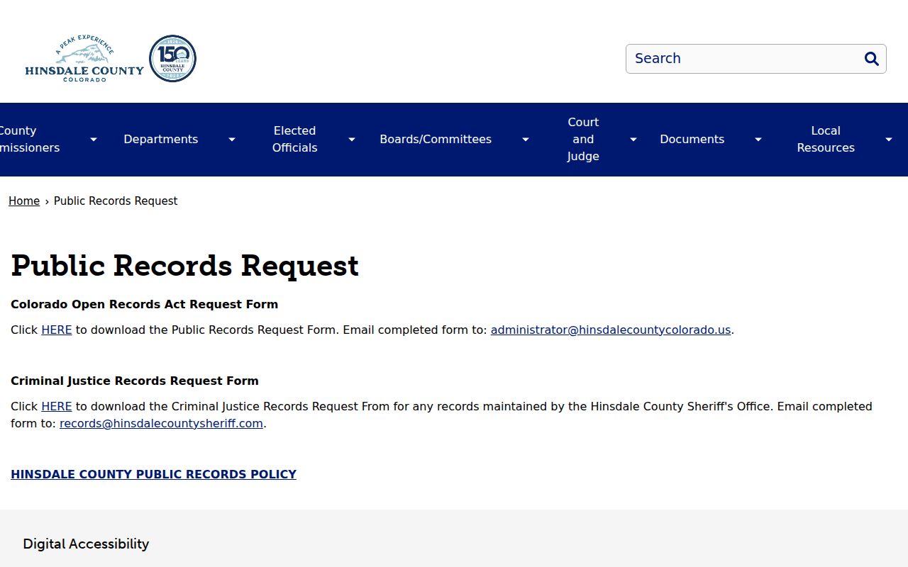 Hinsdale County criminal court case public records request