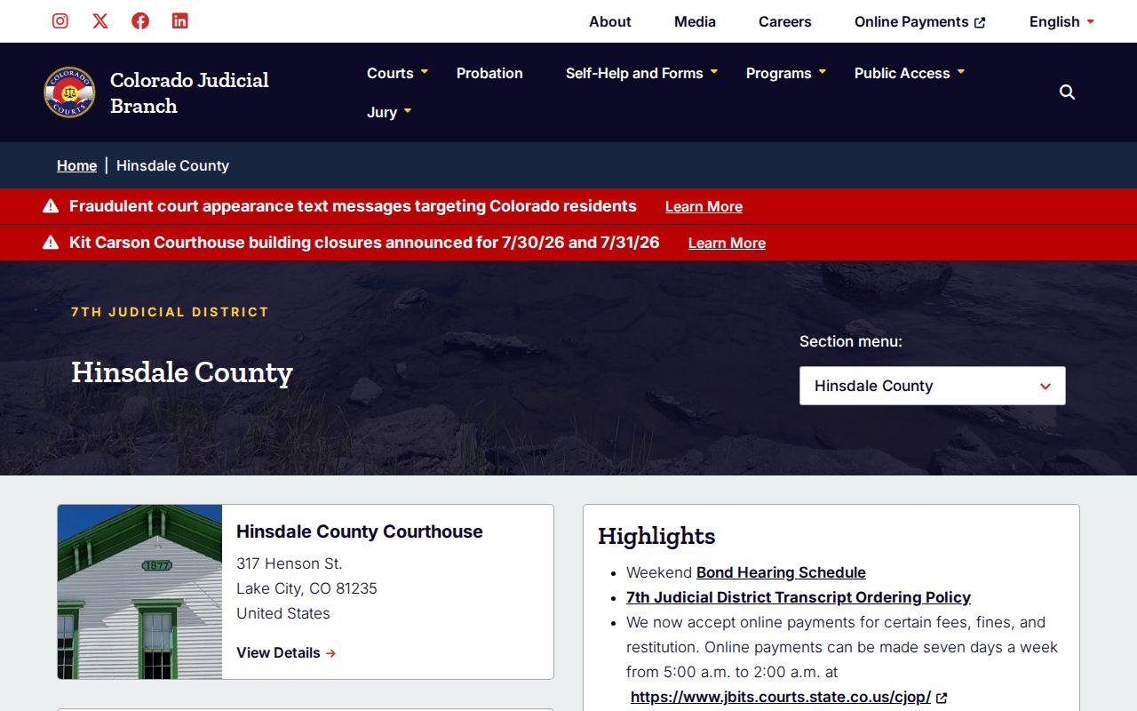Hinsdale County criminal court case courthouse page