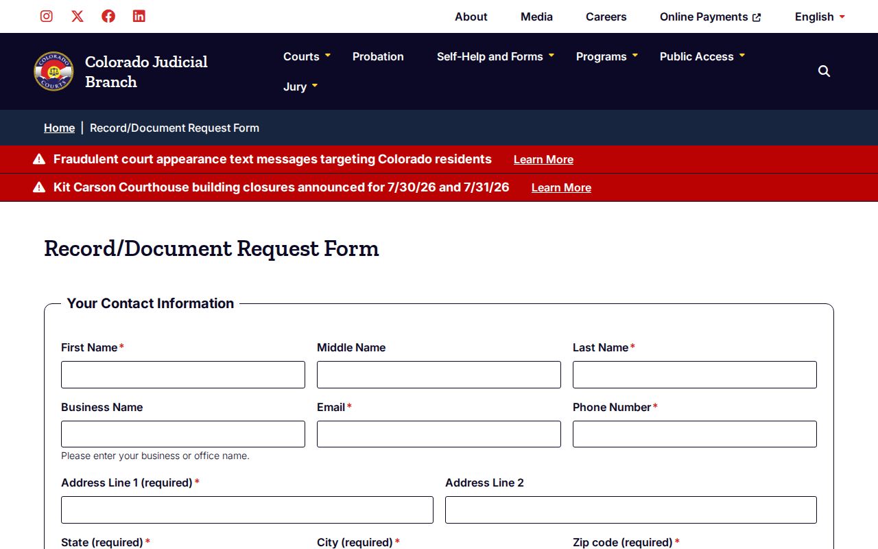 Hinsdale County criminal court case record request form