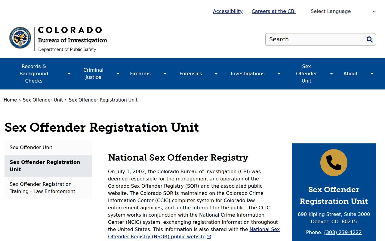 CBI Sex Offender Registration Unit information for Hinsdale County registry requests