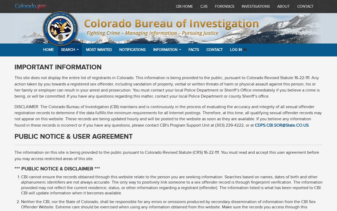 Colorado Sex Offender Registry advanced search interface used for Hinsdale County lookups